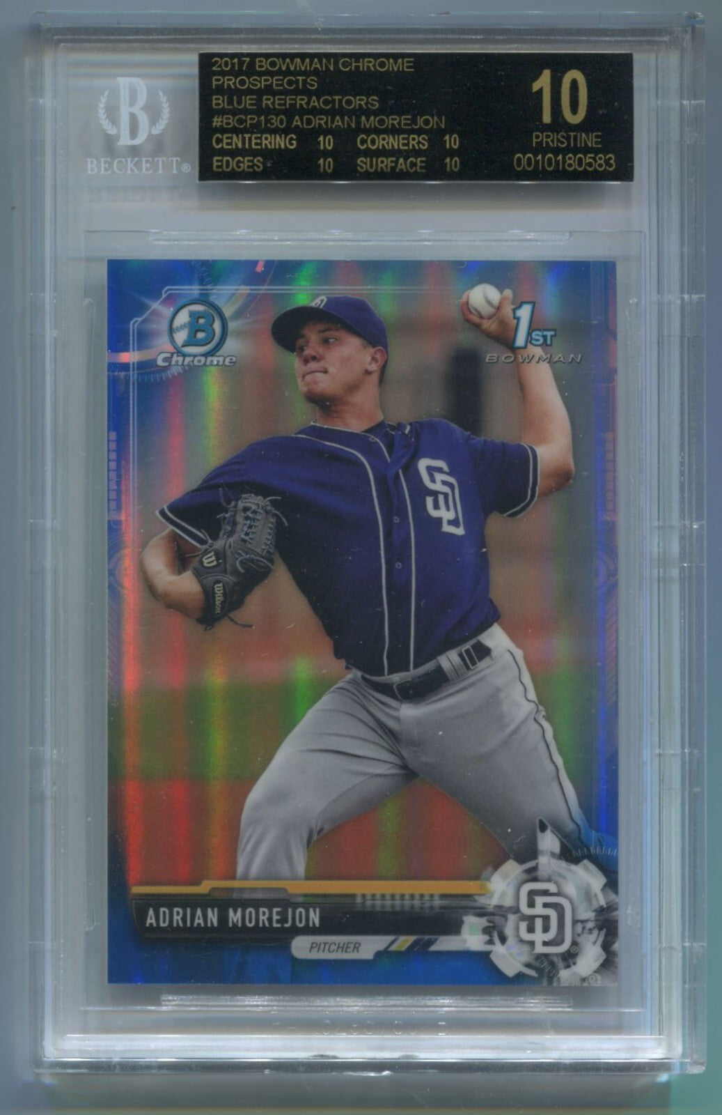 MLB 2017 Bowman Chrome Prospects Blue #BCP130 Adrian Morejon/150 (RC) BGS 10