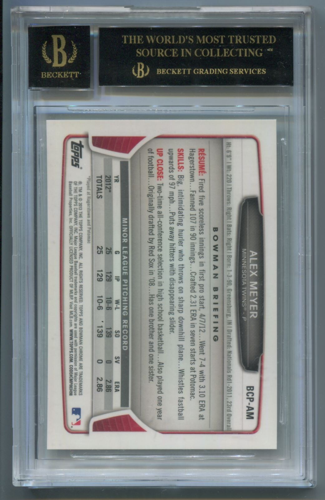 MLB 2013 Bowman Chrome Prospects Alex Meyer #BCP-AM (AU) BGS 10 Black Label