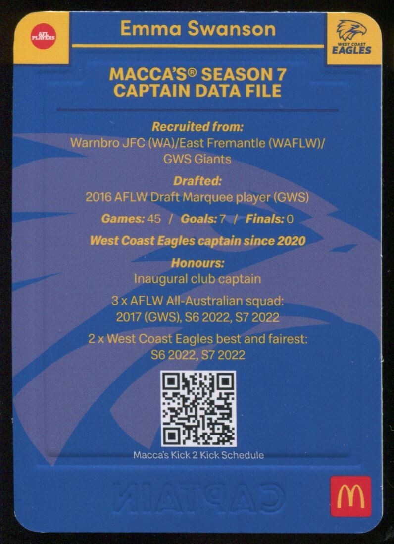 AFL 2023 McDonalds Captain West Coast Eagles Emma Swanson #CW-17 Near Mint