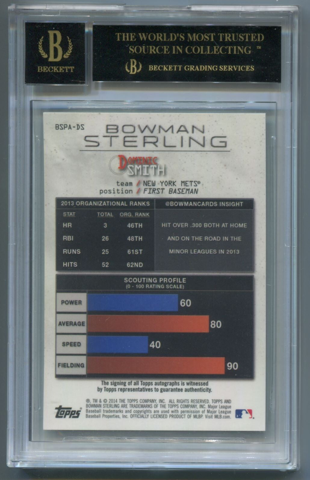 MLB 2014 Topps Bowman Sterling Prospect Dominic Smith #BSPA-DS (AU) BGS 10 Black