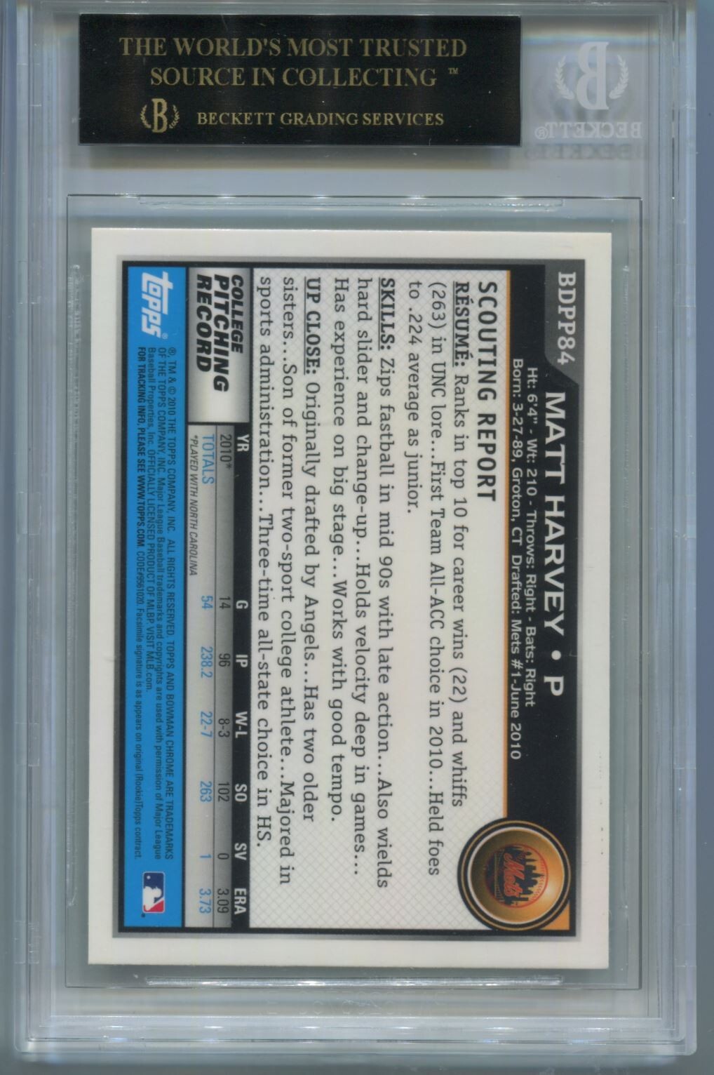 MLB 2010 Bowman Chrome Draft Picks #BDPP84 Matt Harvey (RC) BGS 10 Black Label