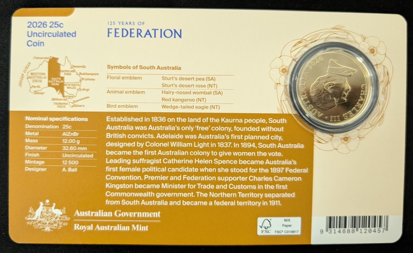 2026 UNC 125 Years of Federation SA 25c Collector Coin Presentation Card RAM