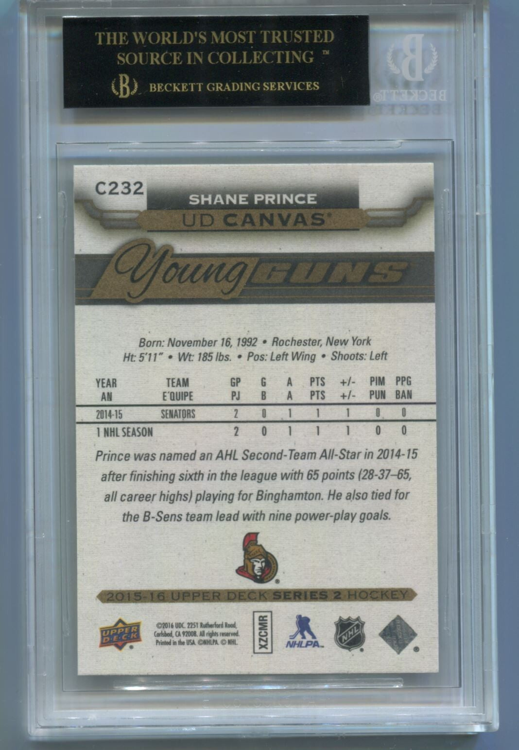 NHL 2015-16 Upper Deck UD Canvas Young Guns #C232 Shane Prince (RC) BGS 10 Black