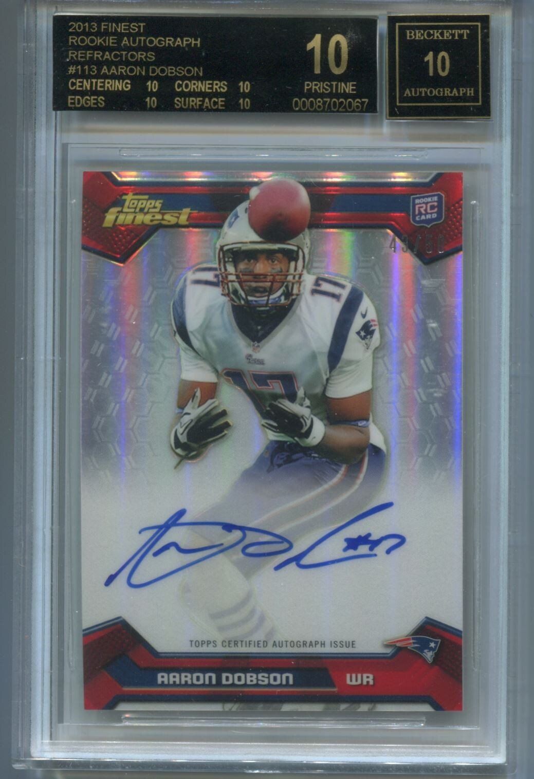 NFL 2013 Topps Finest Rookie Red Refractor #113 Aaron Dobson /50 (AU, RC) BGS 10