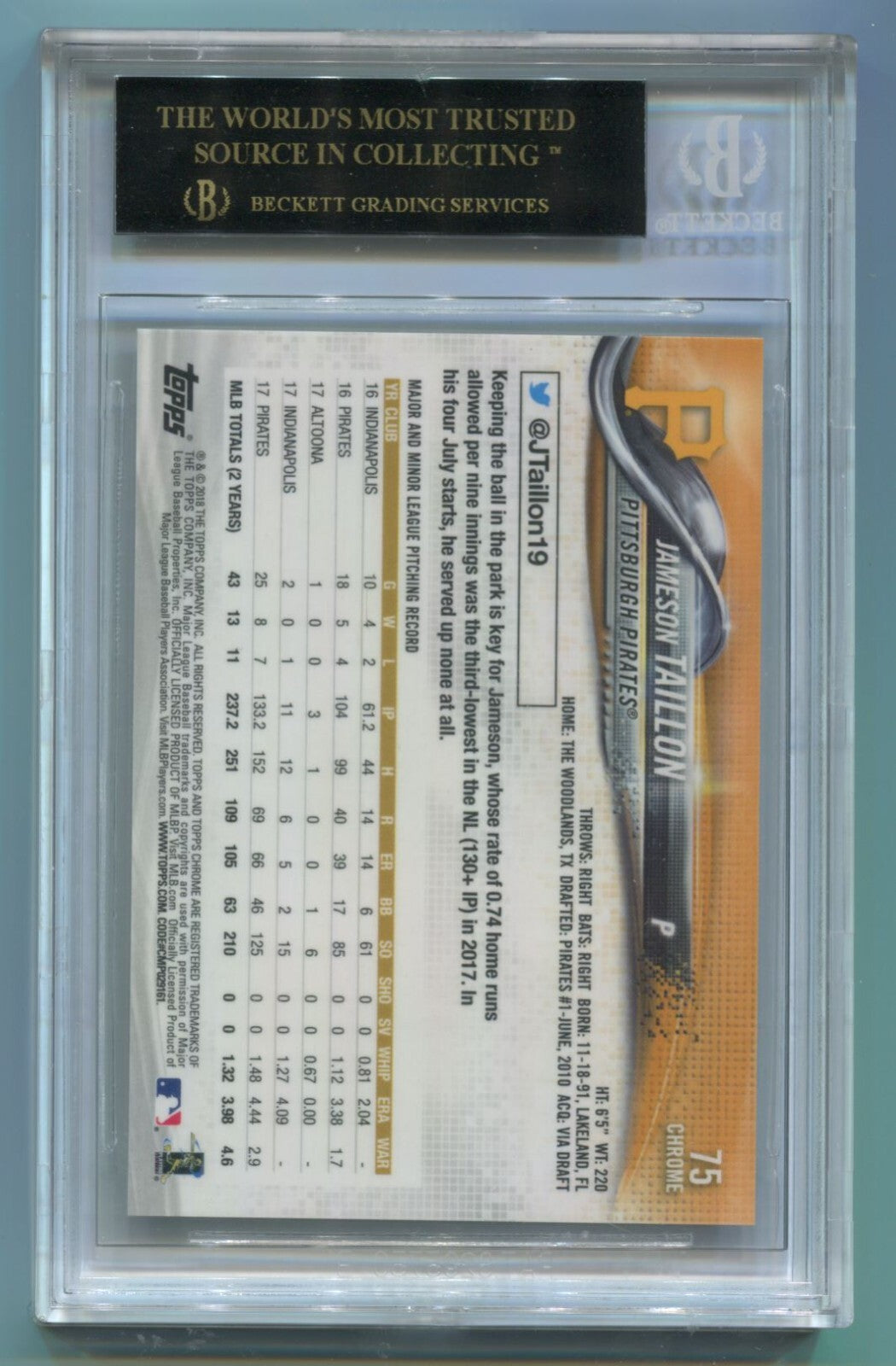 MLB 2018 Topps Chrome Black White Negative Refractor #75 Jameson Taillon BGS 10