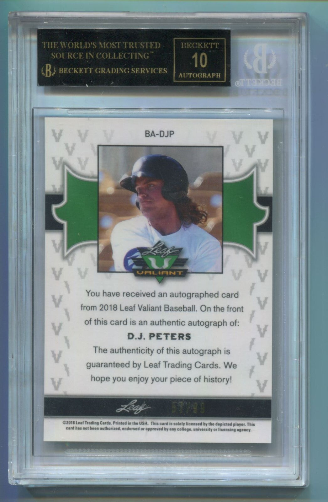 MLB 2018 Leaf Valiant Green D.J. Peters /99 #BA-DJP (AU) BGS 10 Black Label