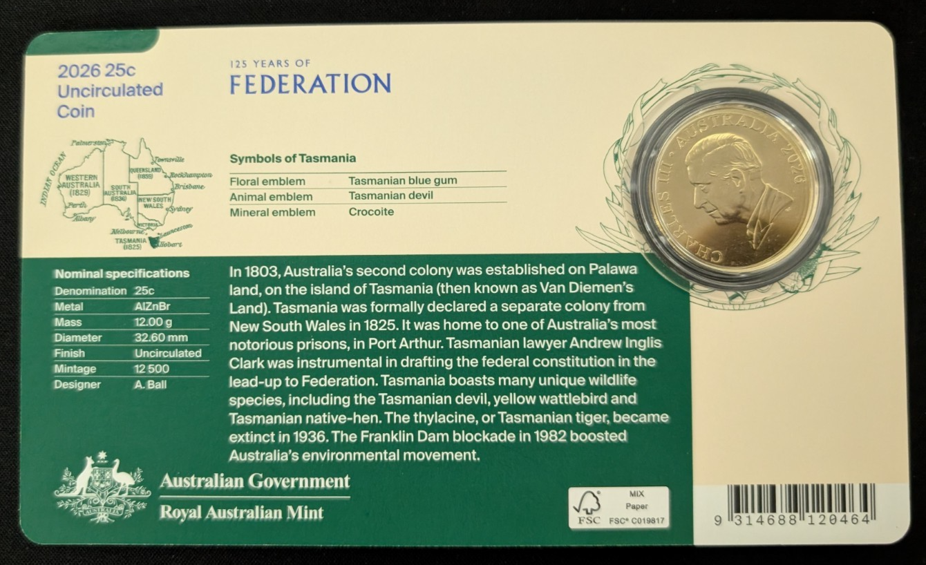 2026 UNC 125 Years of Federation TAS 25c Collector Coin Presentation Card RAM