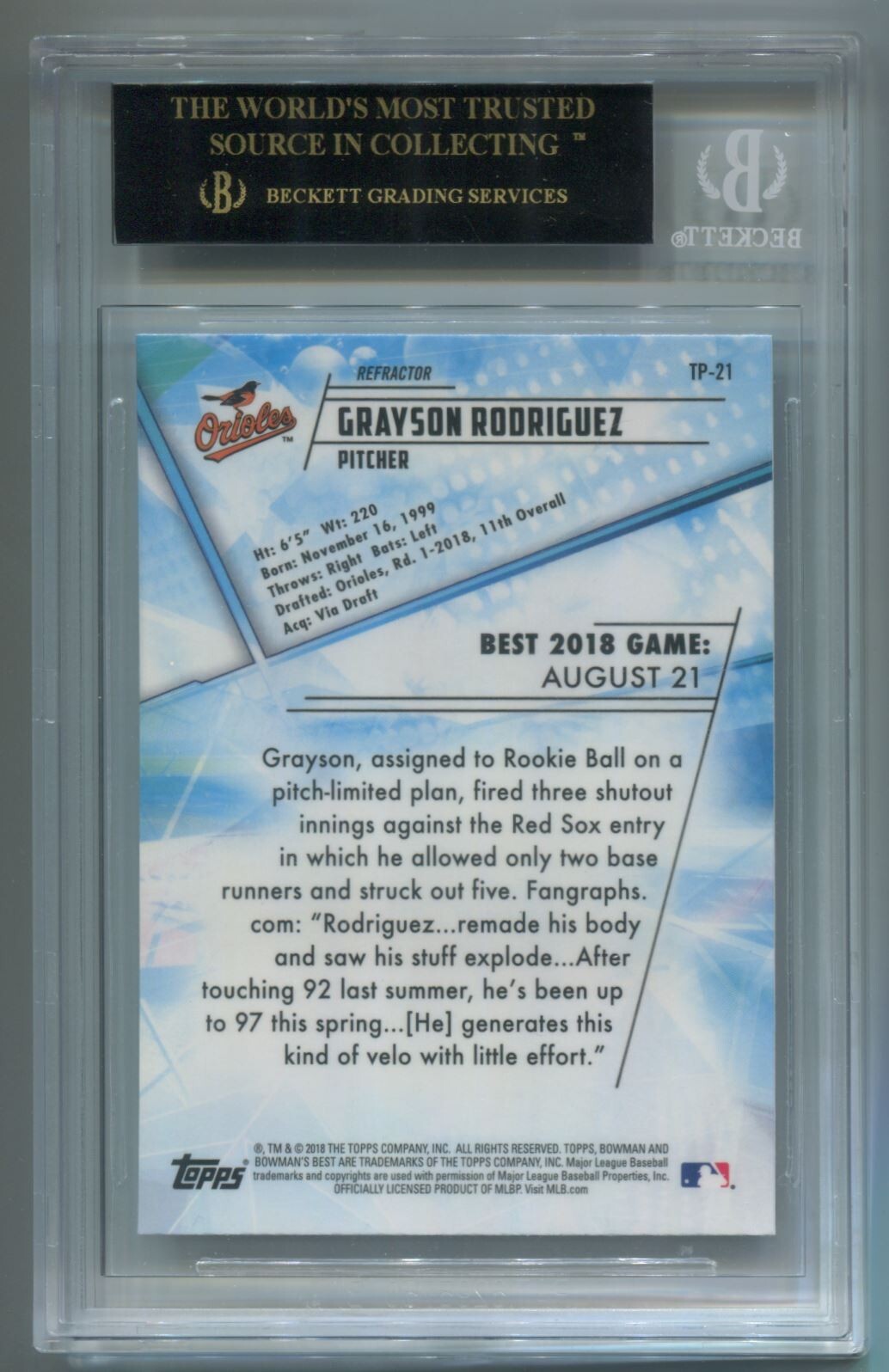MLB 2018 Bowman's Best Top Prospects #TP-21 Grayson Rodriguez (RC) BGS 10 Black