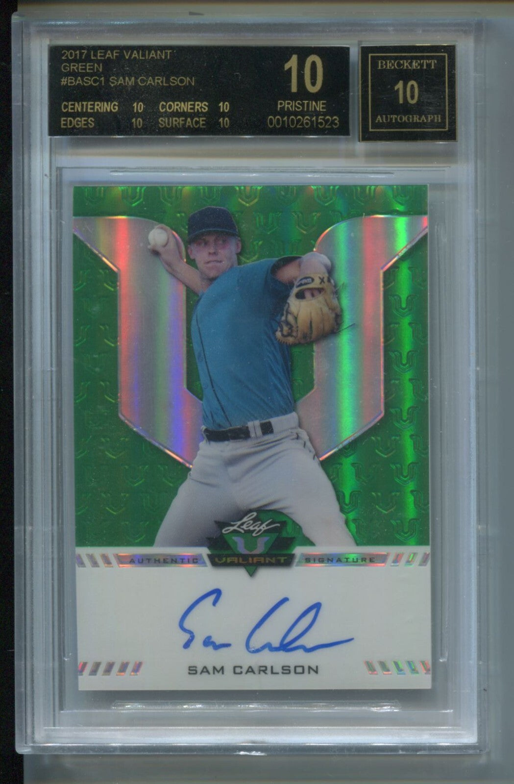 MLB 2017 Leaf Valiant Green Sam Carlson /99 #BA-SC1 BGS 10 Black Label Pristine