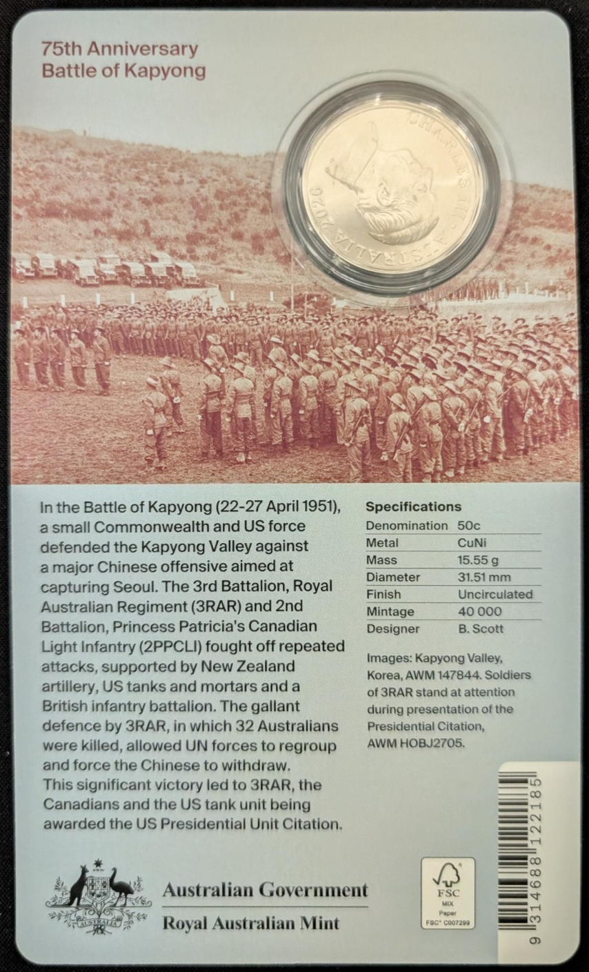 2026 UNC Battle of Kapyong 75th Anniversary 50c Coin Presentation Card RAM