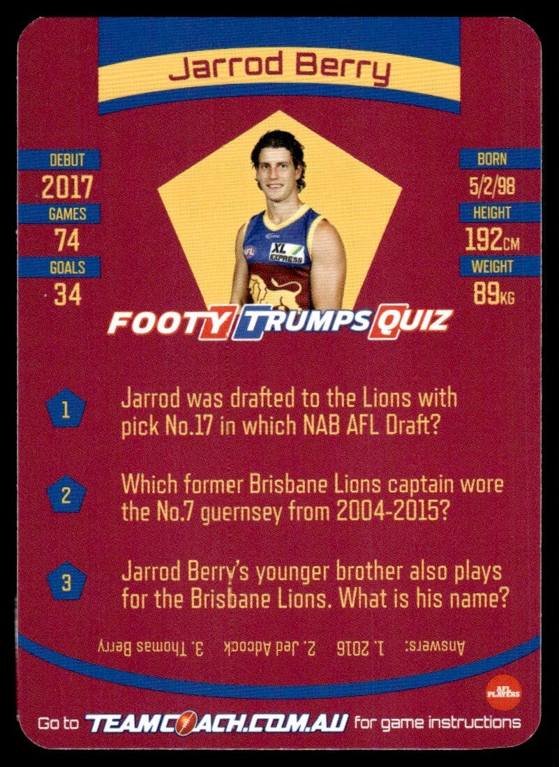 AFL 2021 McDonalds Brisbane Lions Jarrod Berry #68 Near Mint