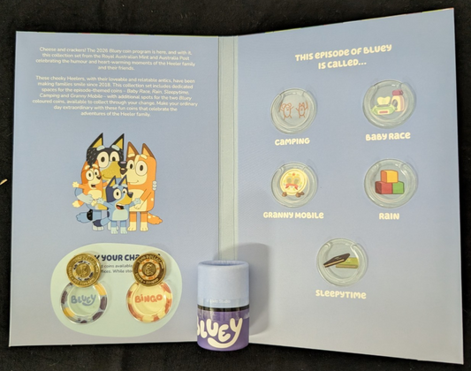 2026 UNC Bluey $2 Coin Collection Folder & Five-Coin Set RAM + 2 Colour Circ.