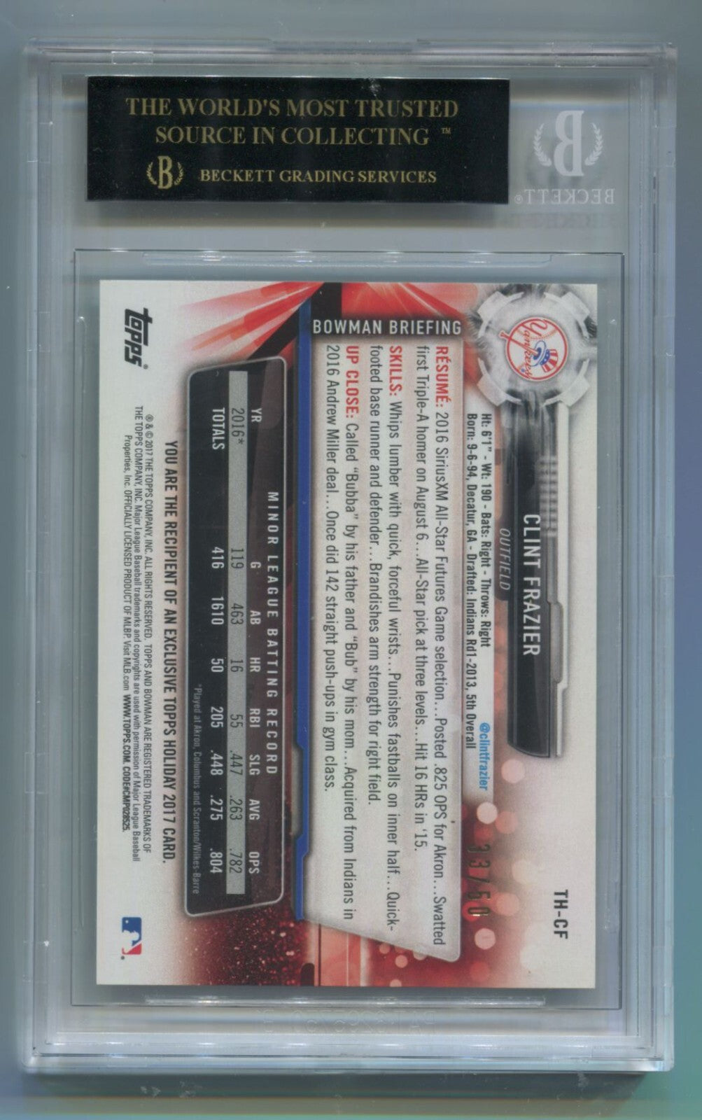 MLB 2017 Topps Holiday Bowman Blue Snowflake #TH-CF Clint Frazier /50 (RC) BGS
