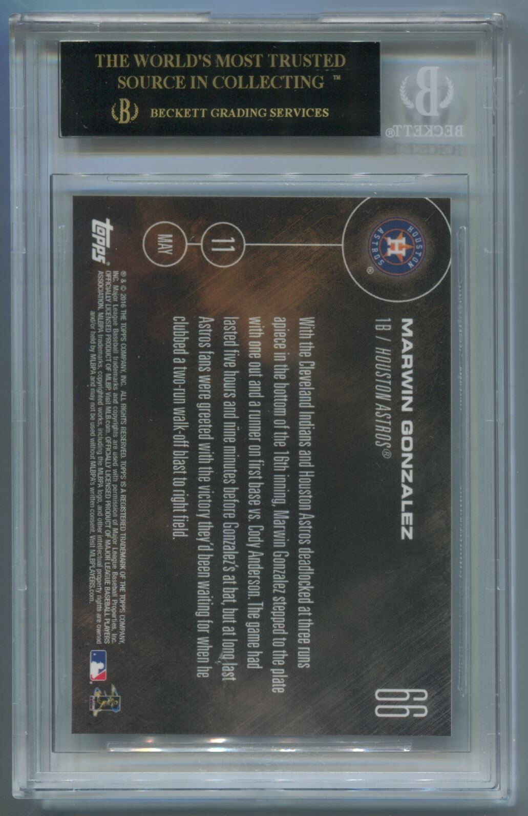 MLB 2016 Topps Now #66 Marwin Gonzalez BGS 10 Black Label Pristine
