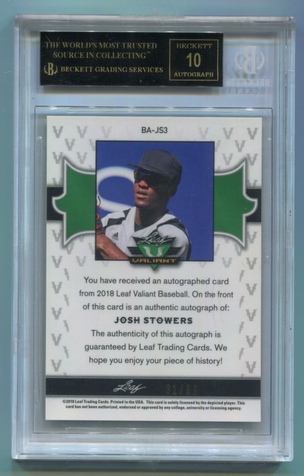 MLB 2018 Leaf Valiant Green Josh Stowers /99 #BA-JS3 (AU) BGS 10 Black Label