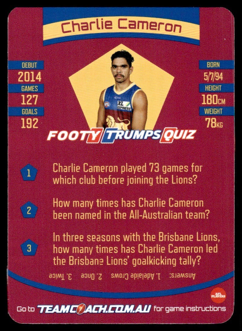 AFL 2021 McDonalds Brisbane Lions Charlie Cameron #148 Near Mint